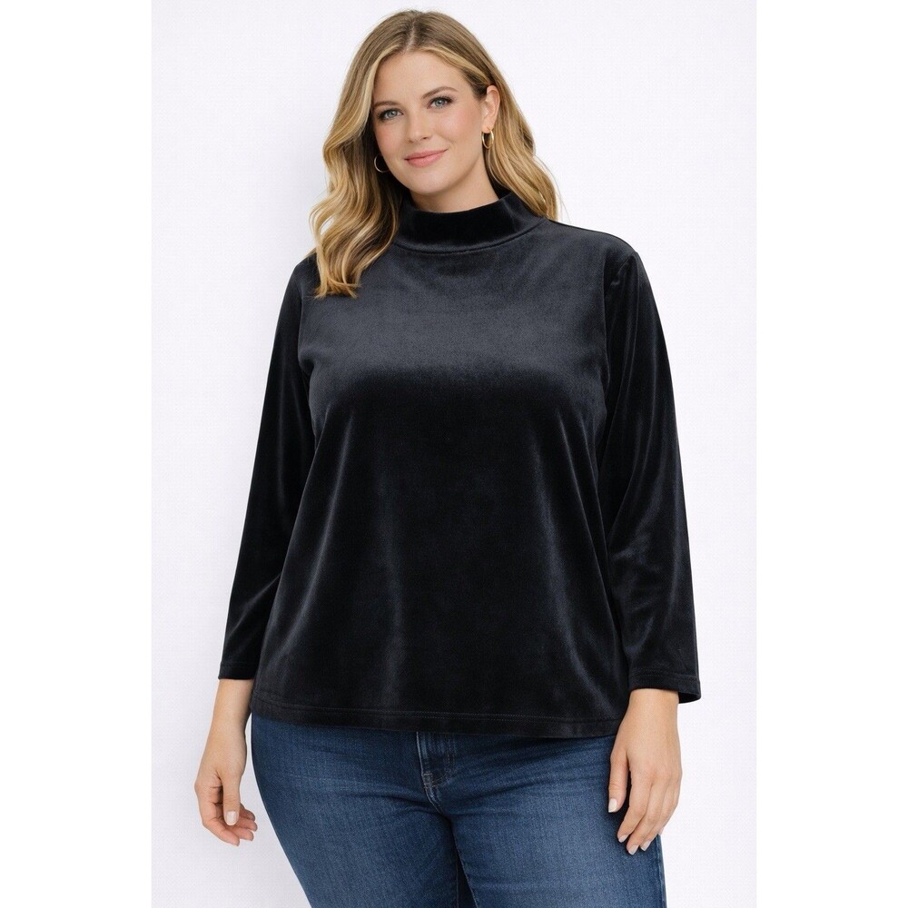 Blair Velvet Top Women’s Large Black Mock‎ Neck Long Sleeve Minimalist Classic